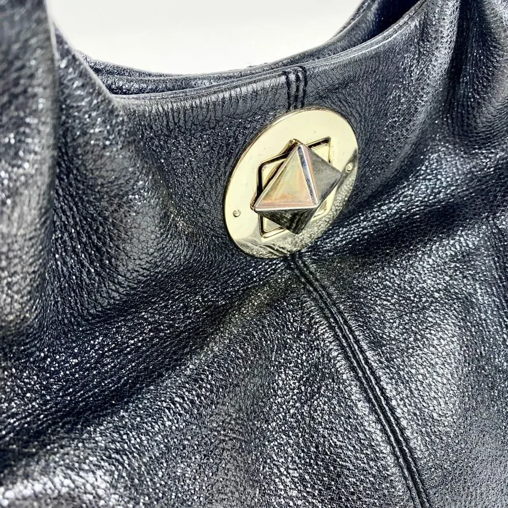 Kate Spade black leather shoulder bag w/ patent straps & gold twist clasp